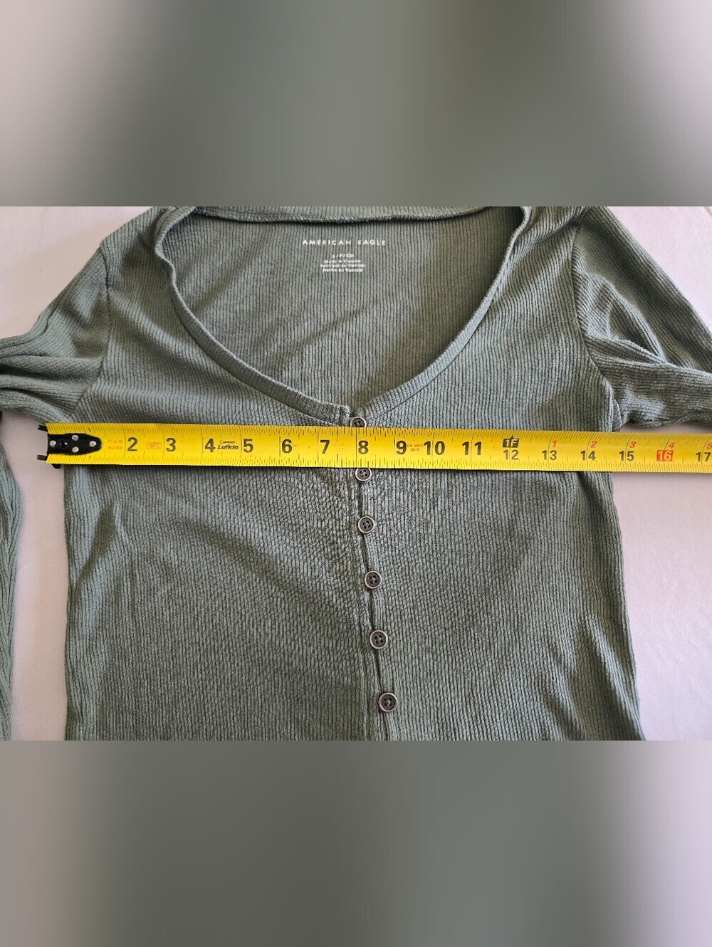 American Eagle Ribbed Button Front Ruffle Hem Long Sleeve Size Small - Picture 7 of 9